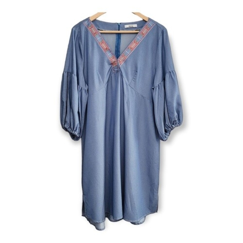 EBBA Blue V-neck Dress Embroidered Ribbon Trim Women Size 16 / XXL